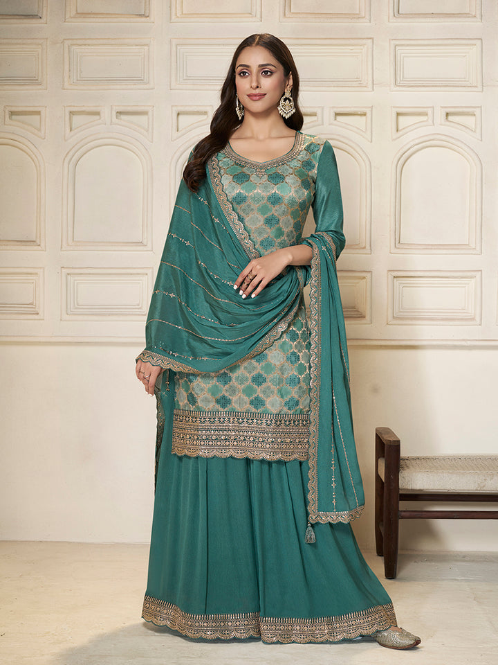 Teal Green Dola Silk Position Print Sharara Suit Set