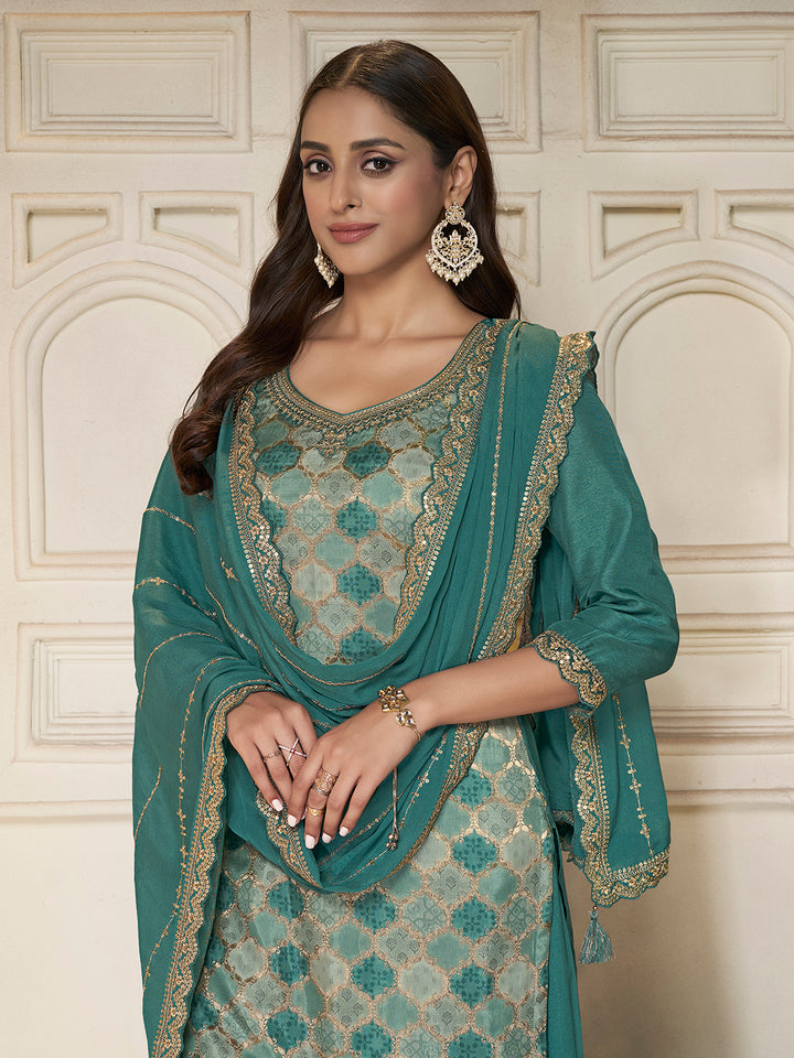 Teal Green Dola Silk Position Print Sharara Suit Set