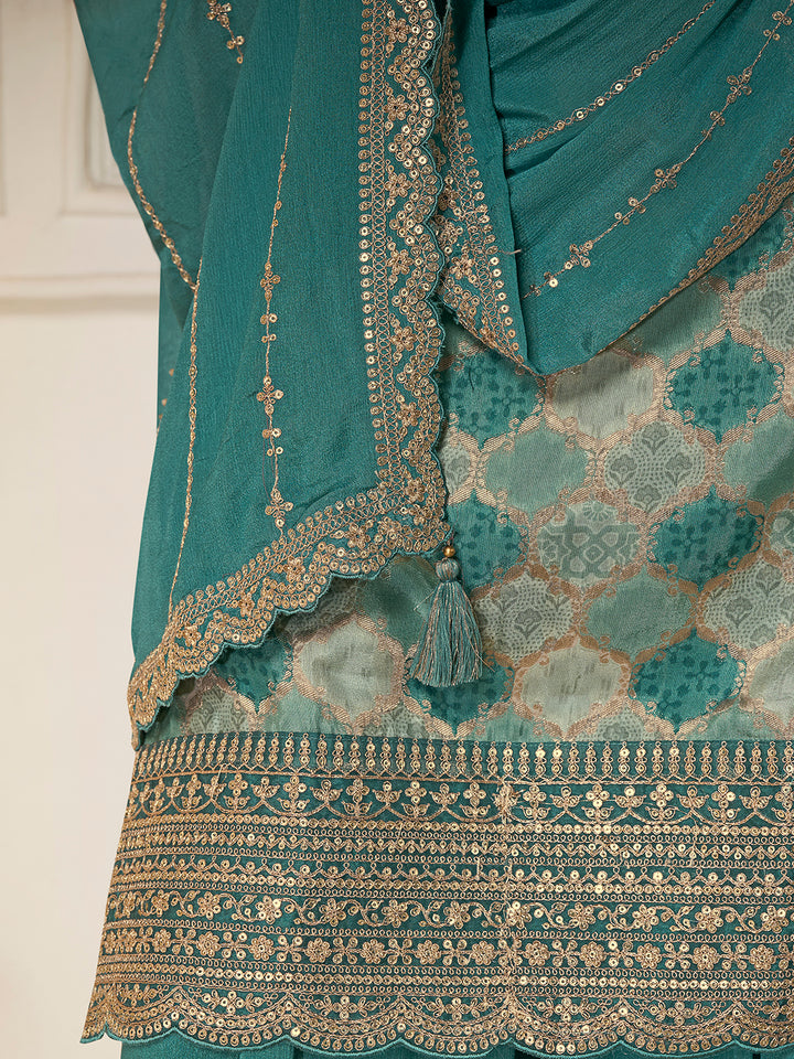 Teal Green Dola Silk Position Print Sharara Suit Set