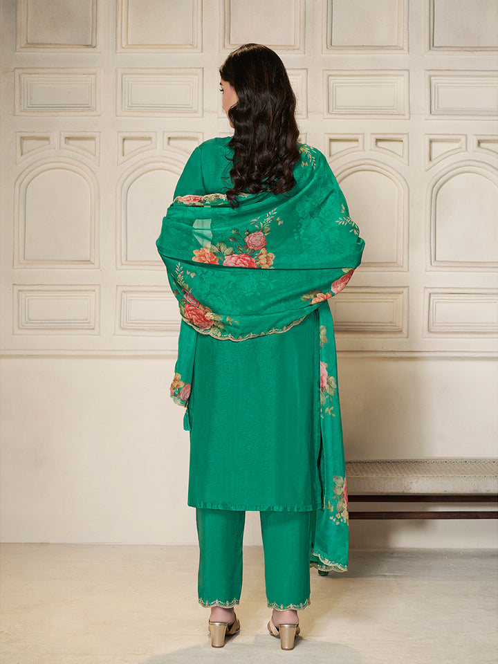 Green Dola Silk Jacquard weave with Applique patch Kurta Suit set