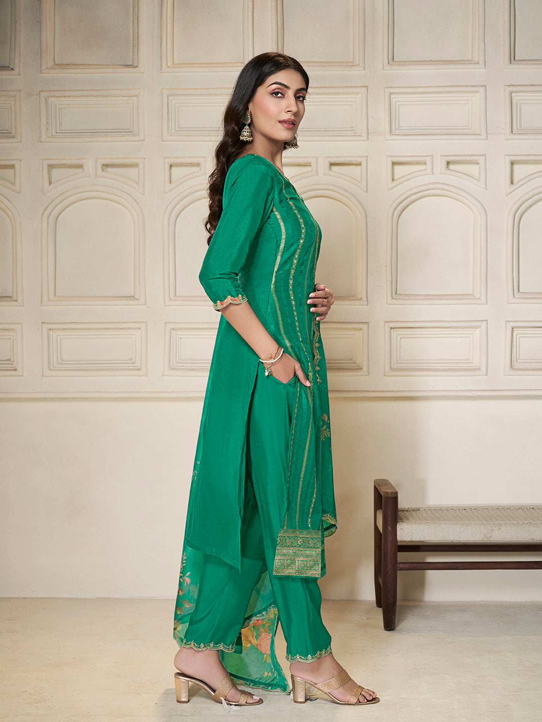 Green Dola Silk Jacquard weave with Applique patch Kurta Suit set