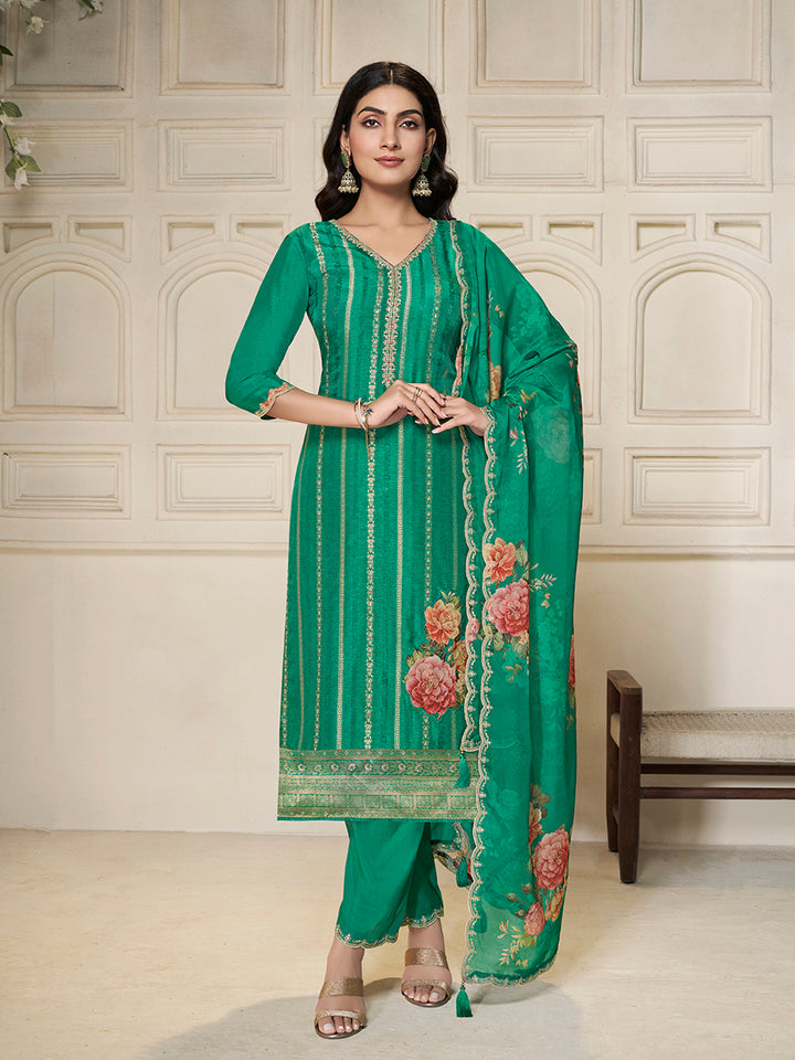 Green Dola Silk Jacquard weave with Applique patch Kurta Suit set