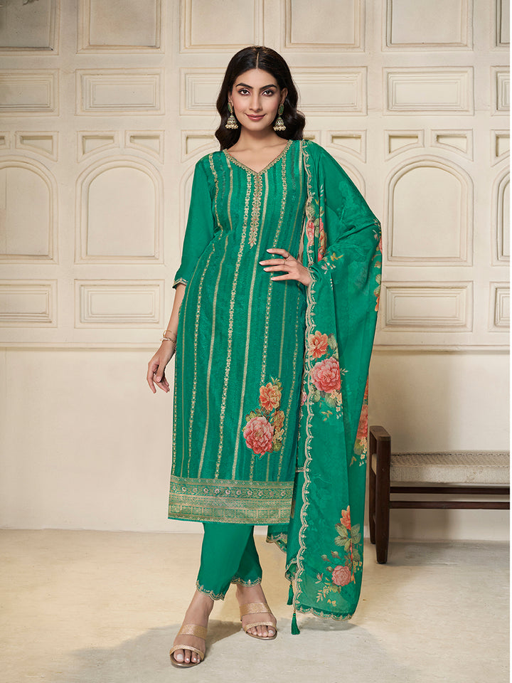 Green Dola Silk Jacquard weave with Applique patch Kurta Suit set