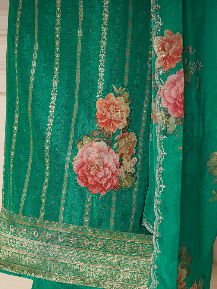 Green Dola Silk Jacquard weave with Applique patch Kurta Suit set