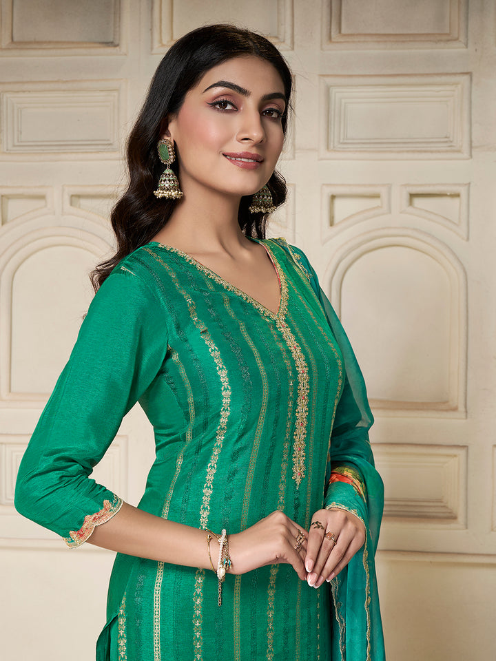 Green Dola Silk Jacquard weave with Applique patch Kurta Suit set