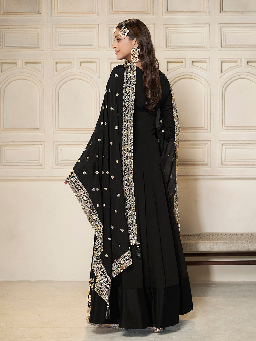 Black Chinon Top with White Embroidery & Sequins Anarkali Suit Set