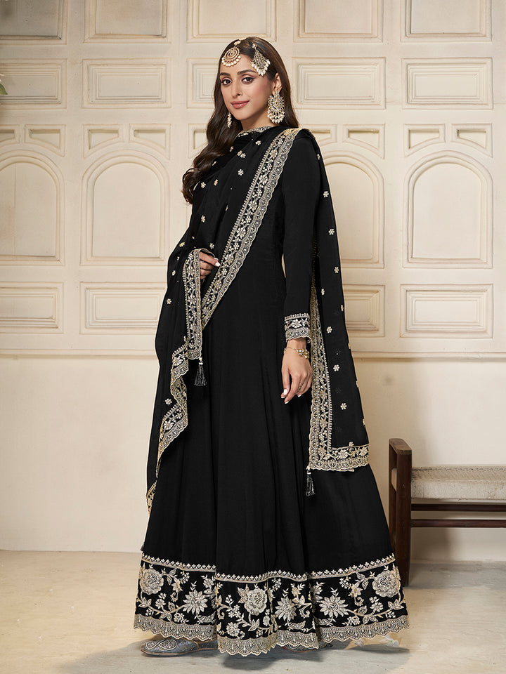 Black Chinon Top with White Embroidery & Sequins Anarkali Suit Set