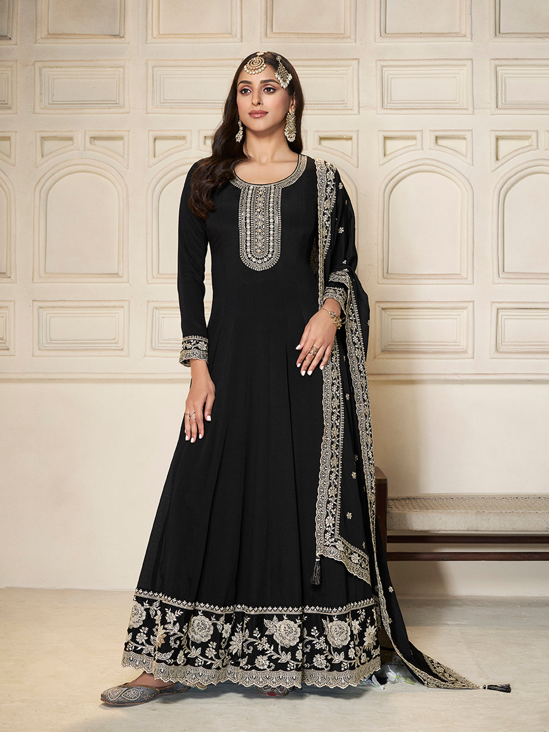 Black Chinon Top with White Embroidery & Sequins Anarkali Suit Set