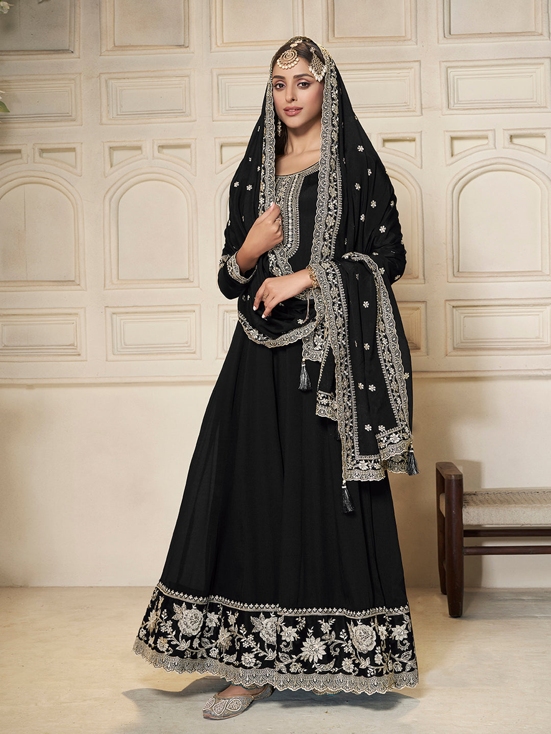 Black Chinon Top with White Embroidery & Sequins Anarkali Suit Set