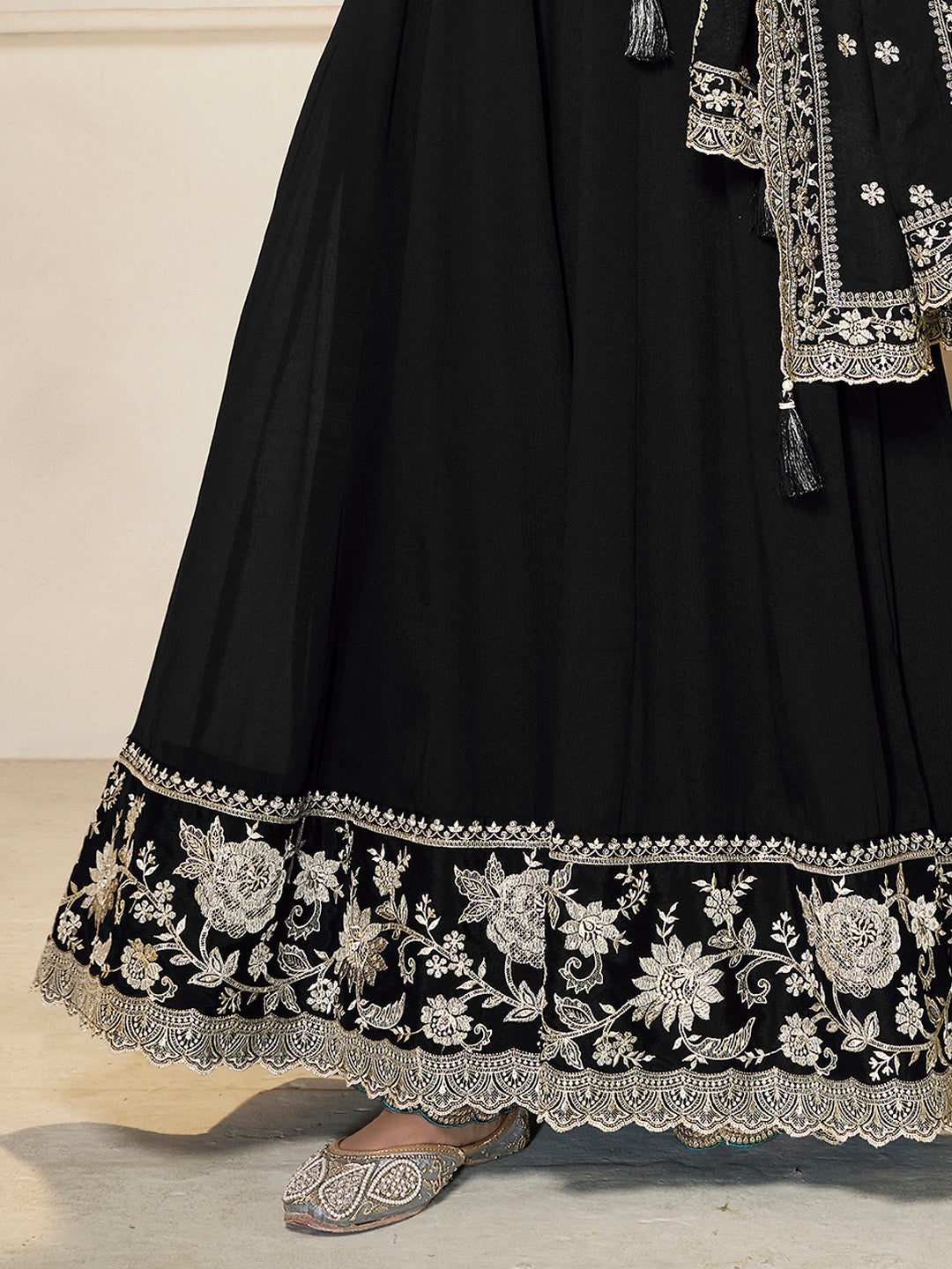 Black Chinon Top with White Embroidery & Sequins Anarkali Suit Set