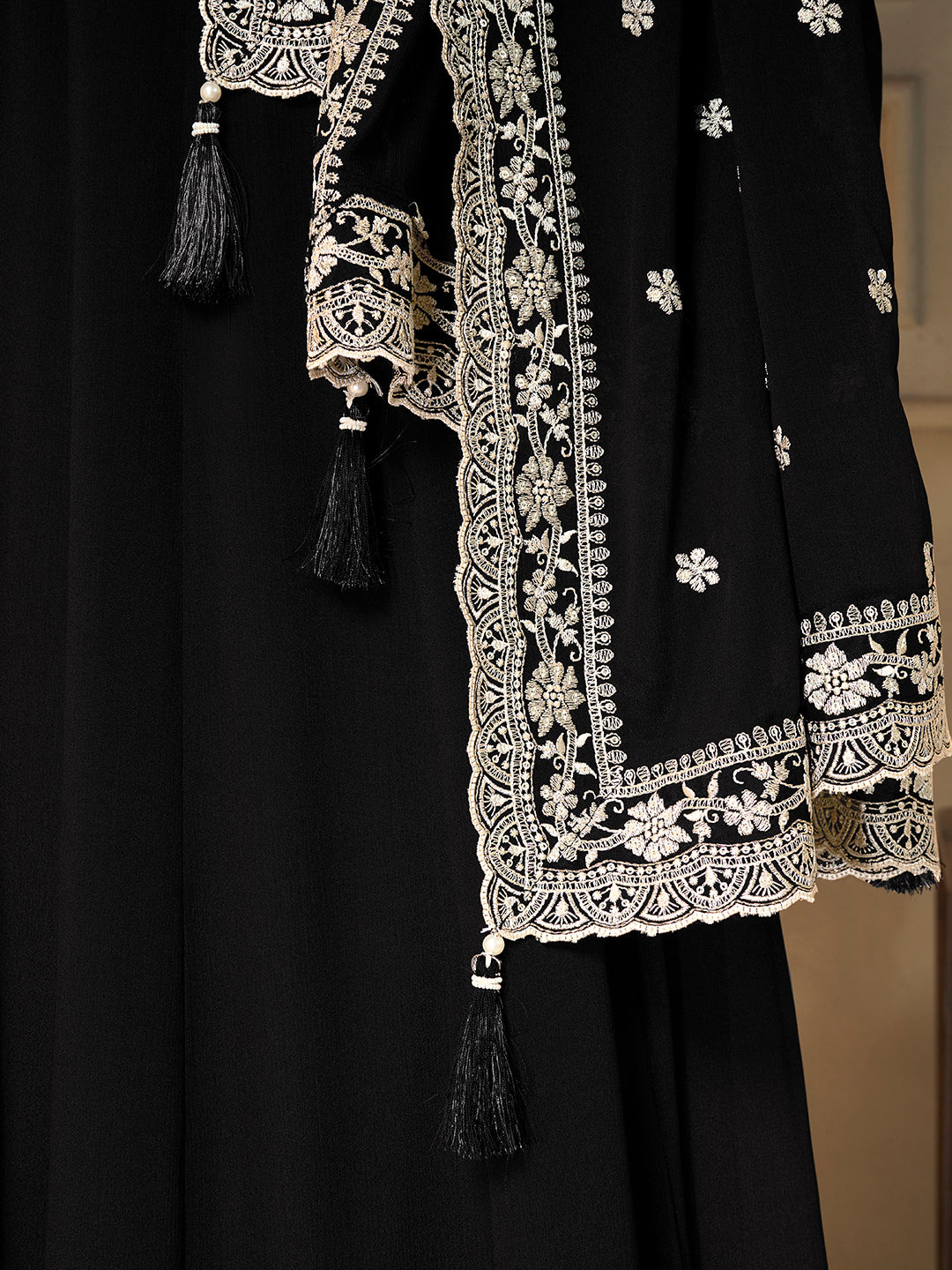 Black Chinon Top with White Embroidery & Sequins Anarkali Suit Set