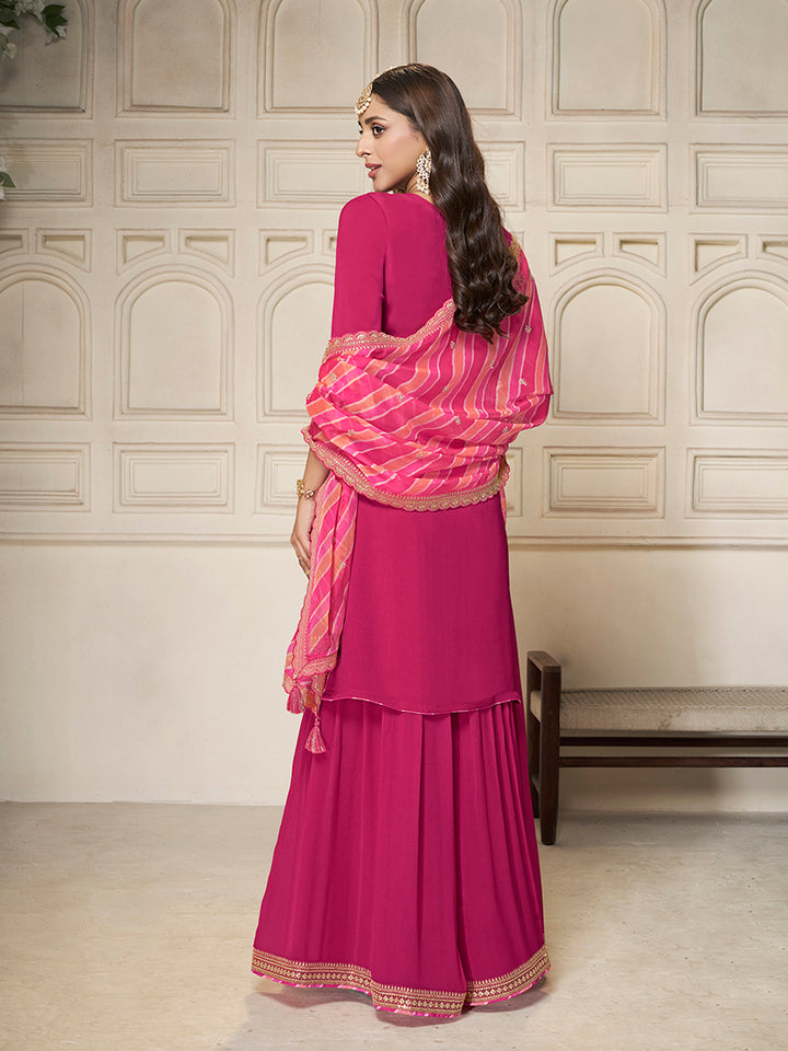 Pink Chinon top, embellished sharara, and lehariya printed dupatta. Sharara Suit Set.