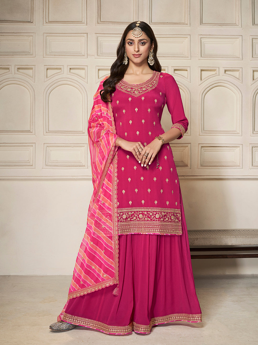 Pink Chinon top, embellished sharara, and lehariya printed dupatta. Sharara Suit Set.