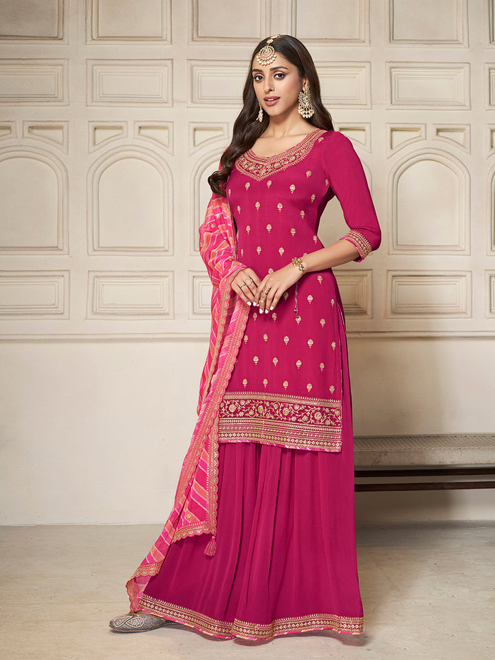 Pink Chinon top, embellished sharara, and lehariya printed dupatta. Sharara Suit Set.