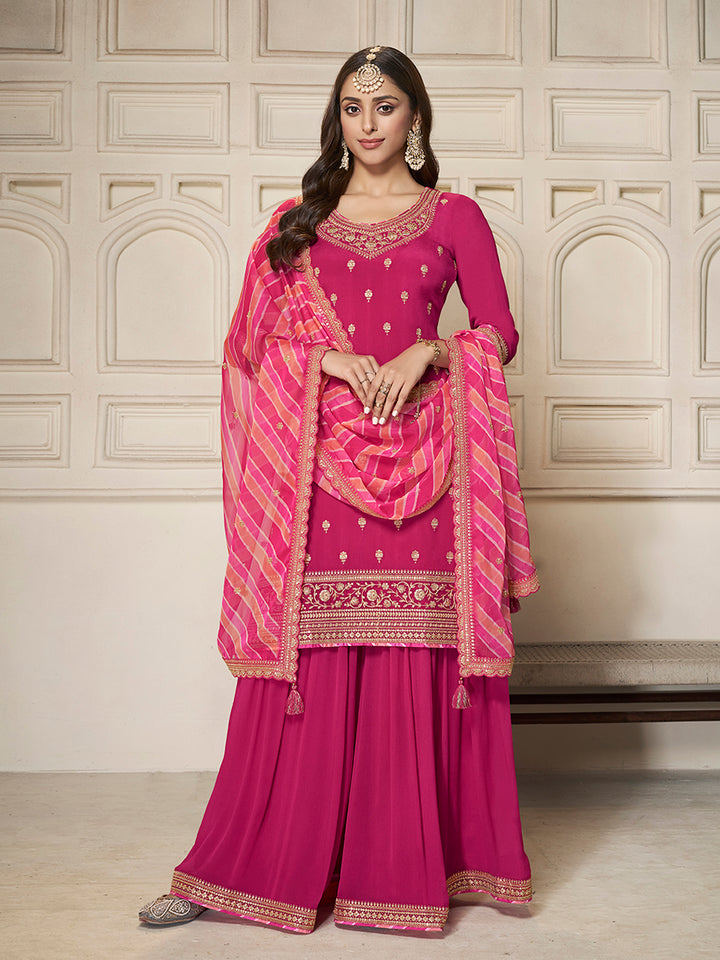 Pink Chinon top, embellished sharara, and lehariya printed dupatta. Sharara Suit Set.