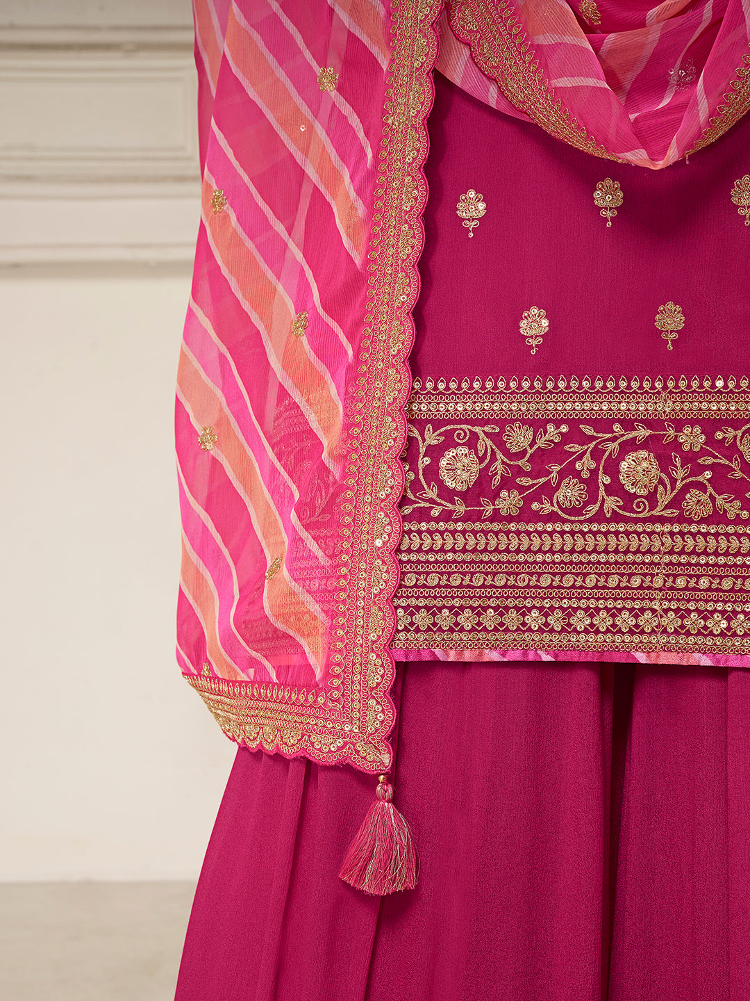 Pink Chinon top, embellished sharara, and lehariya printed dupatta. Sharara Suit Set.