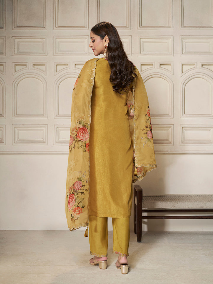 Yellow Dola Silk Jacquard weave with Applique patch Kurta Suit set