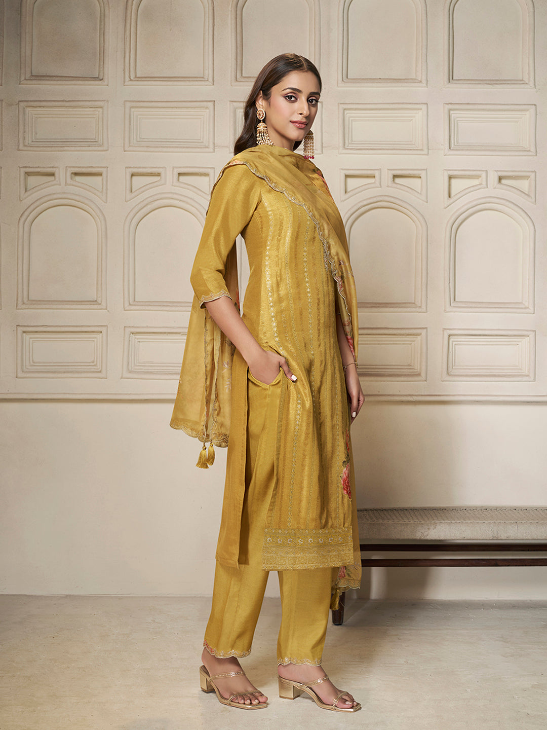 Yellow Dola Silk Jacquard weave with Applique patch Kurta Suit set