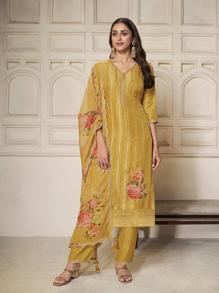 Yellow Dola Silk Jacquard weave with Applique patch Kurta Suit set