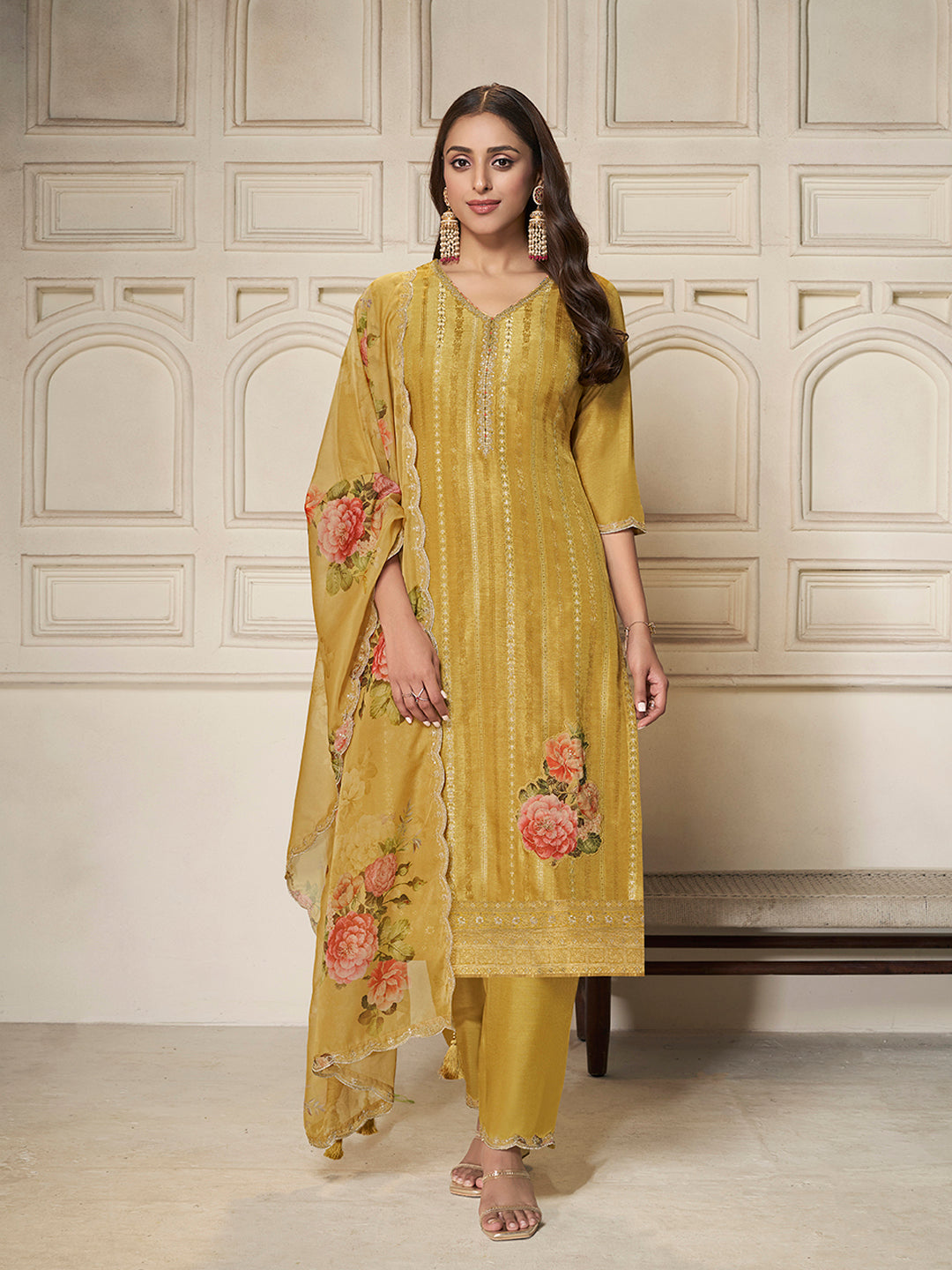 Yellow Dola Silk Jacquard weave with Applique patch Kurta Suit set