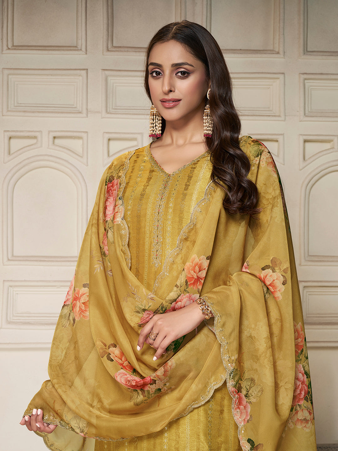 Yellow Dola Silk Jacquard weave with Applique patch Kurta Suit set