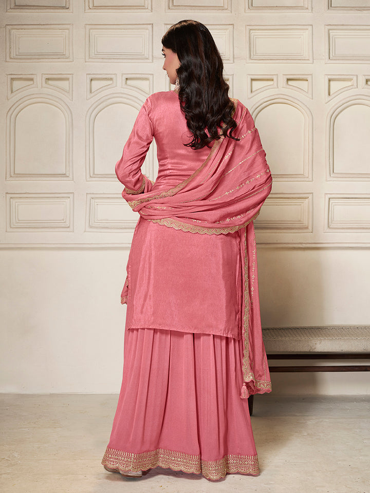 Light Pink Sharara Suit Set in Dola Silk Position Print