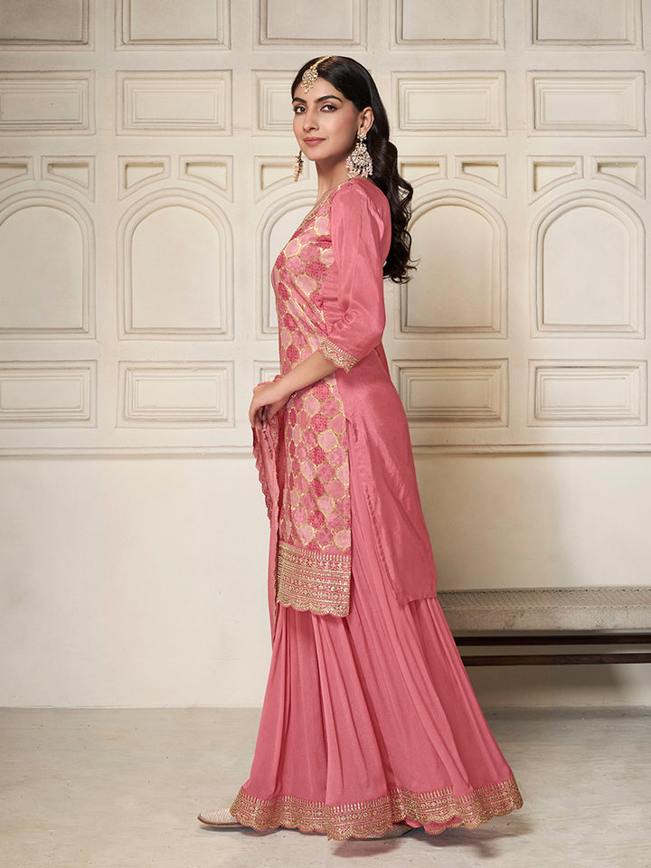 Light Pink Sharara Suit Set in Dola Silk Position Print