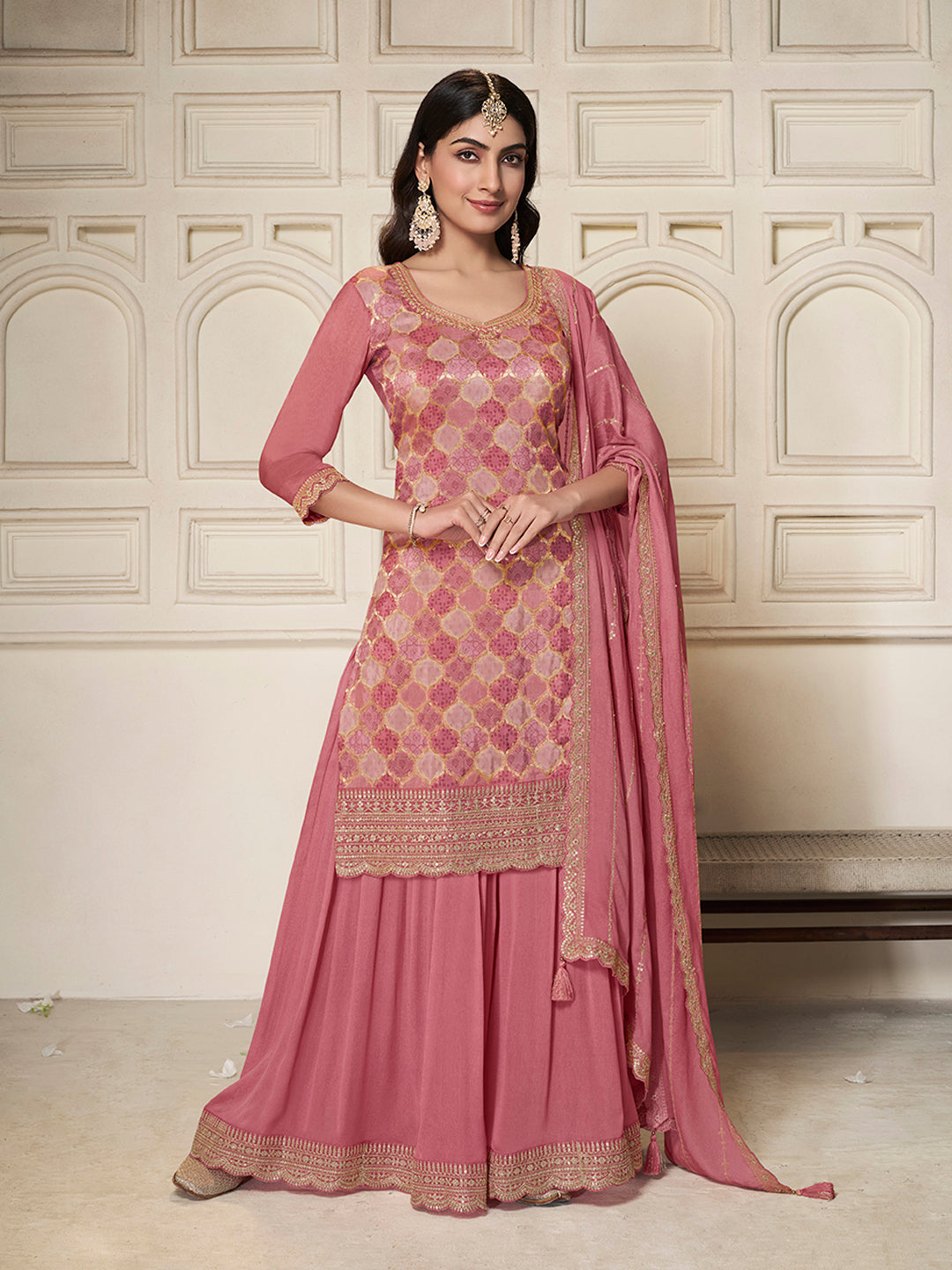 Light Pink Sharara Suit Set in Dola Silk Position Print