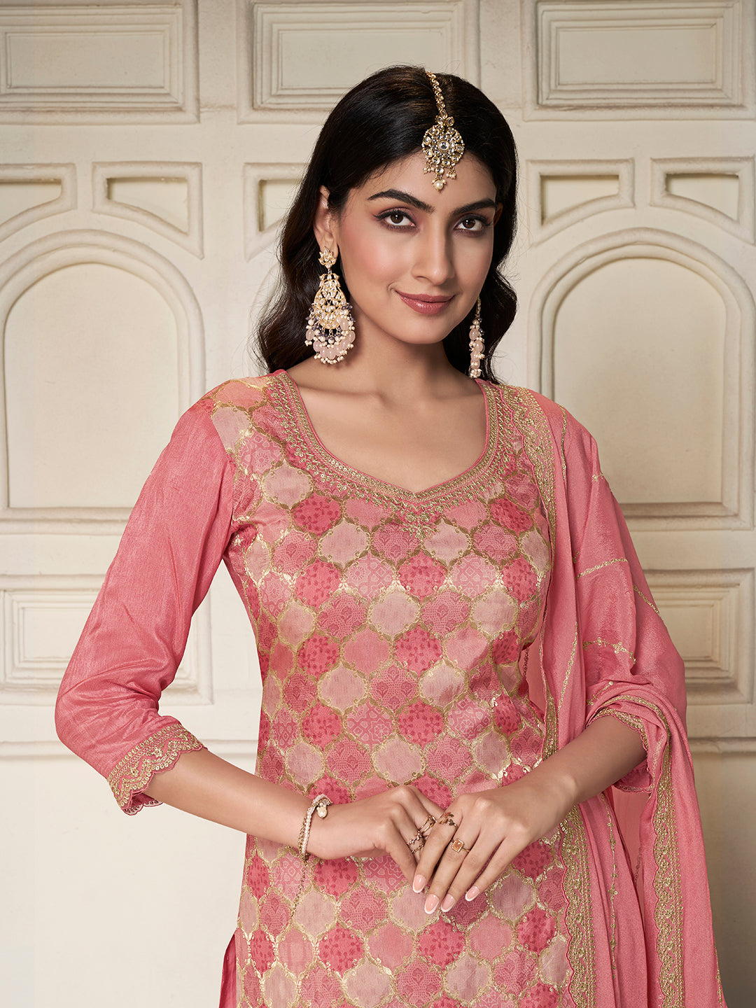 Light Pink Sharara Suit Set in Dola Silk Position Print