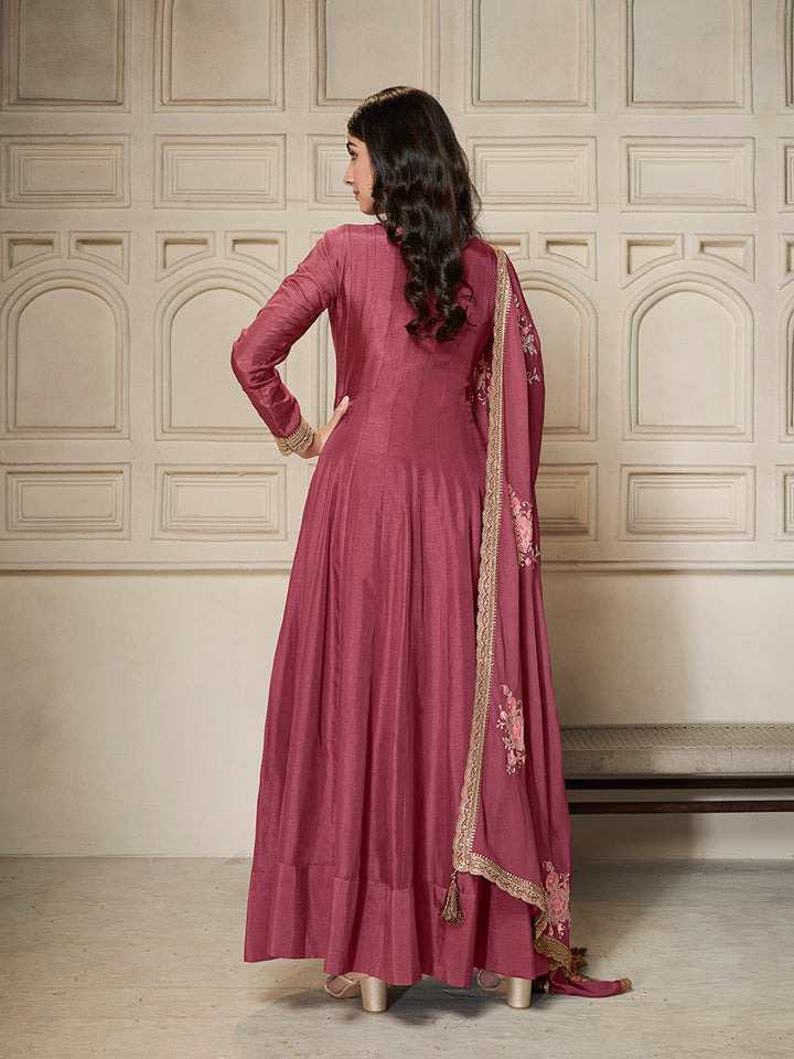 Pink Dola Silk Anarkali Set with Sequins Embroidered Dupatta