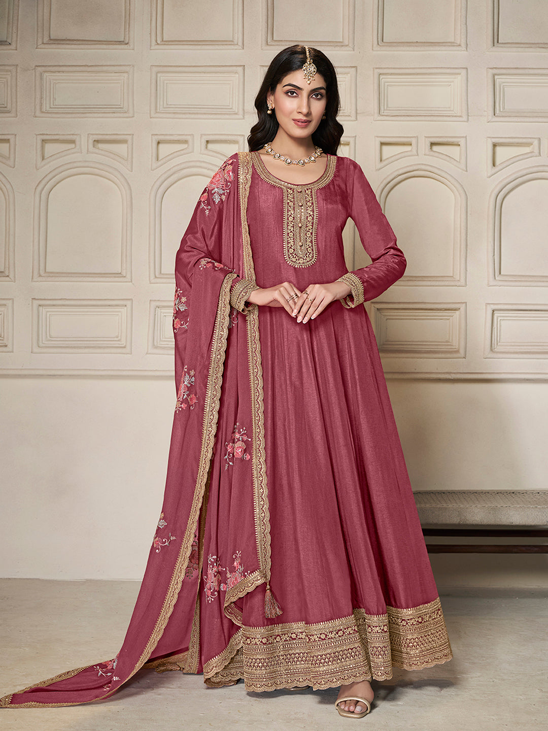 Pink Dola Silk Anarkali Set with Sequins Embroidered Dupatta