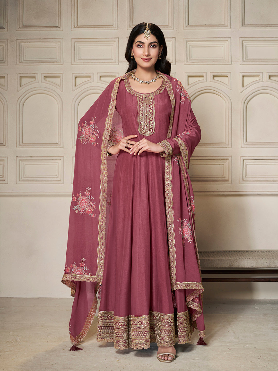 Pink Dola Silk Anarkali Set with Sequins Embroidered Dupatta