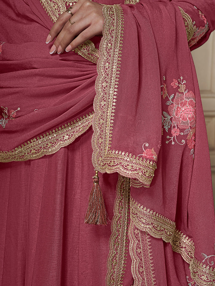 Pink Dola Silk Anarkali Set with Sequins Embroidered Dupatta