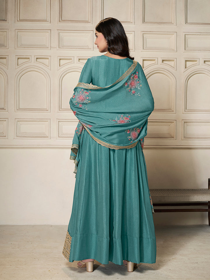 Teal Dola Silk Anarkali Set with Sequins Embroidered Dupatta