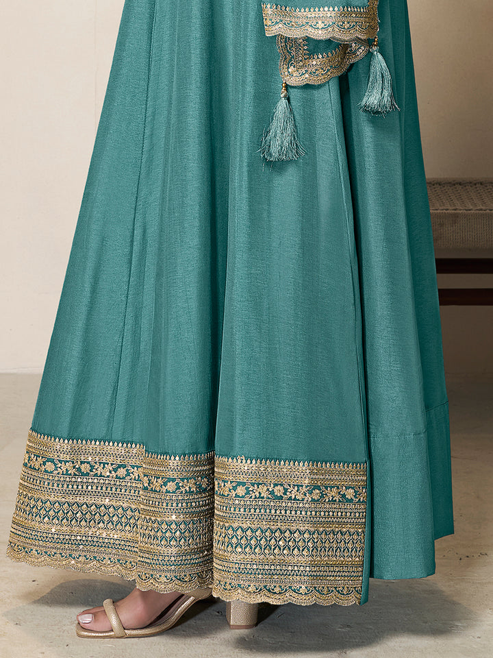 Teal Dola Silk Anarkali Set with Sequins Embroidered Dupatta