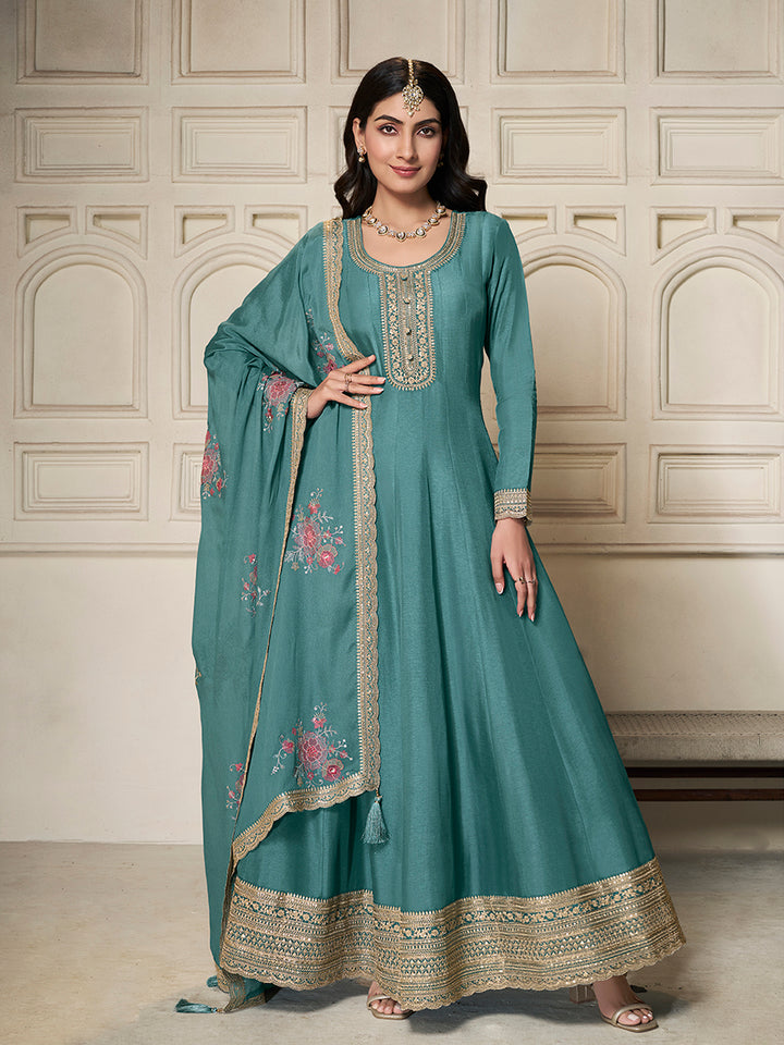 Teal Dola Silk Anarkali Set with Sequins Embroidered Dupatta