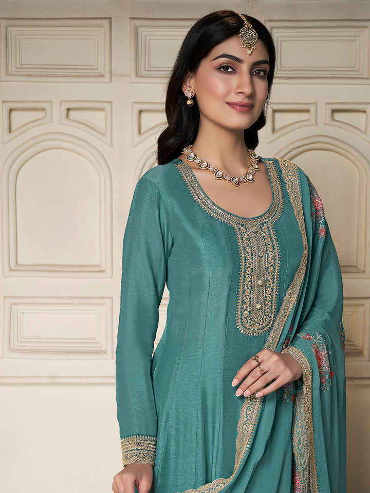 Teal Dola Silk Anarkali Set with Sequins Embroidered Dupatta