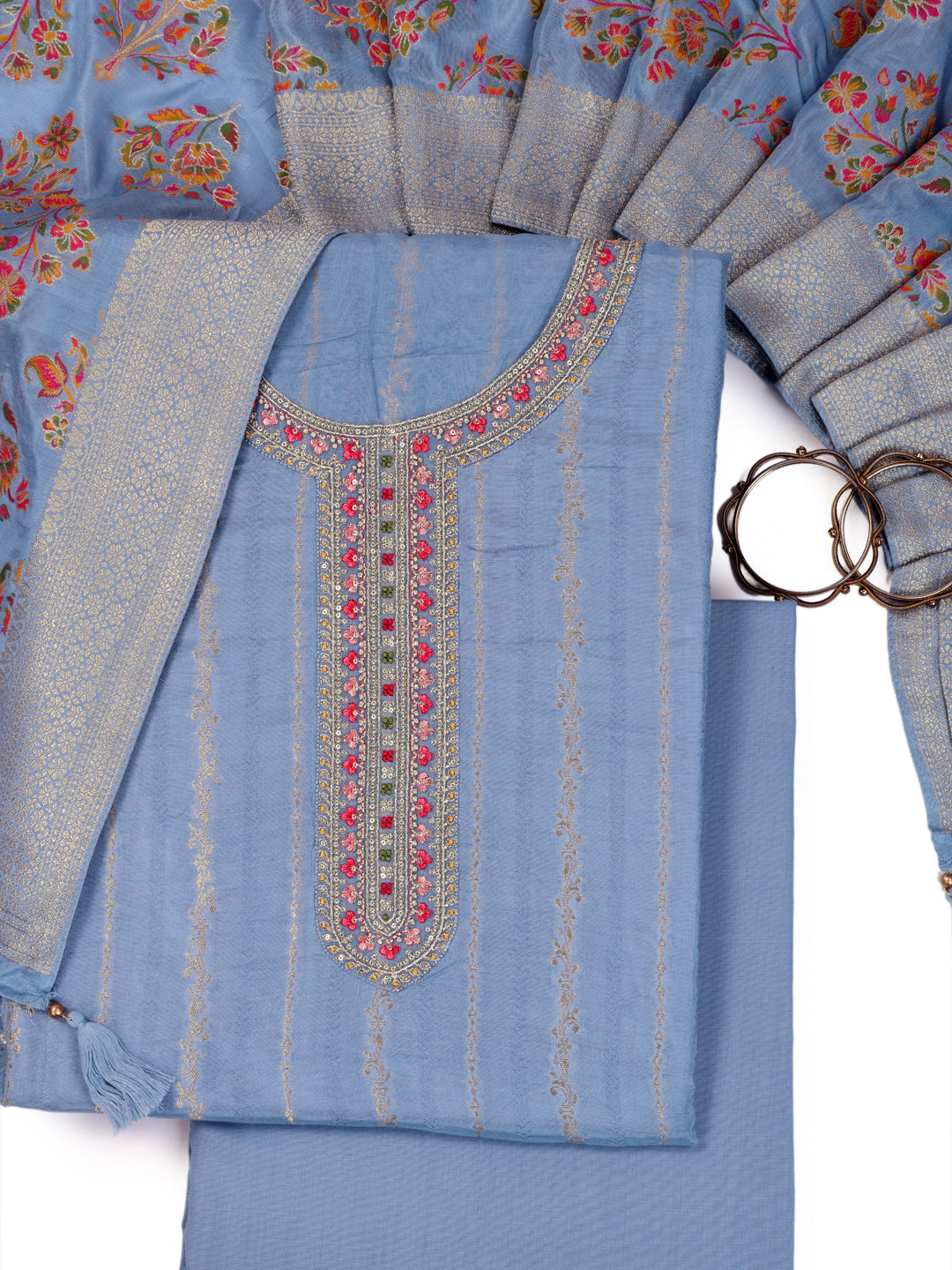 Blue Muslin Top & Floral Muslin Dupatta, Unstitched Salwar Suit