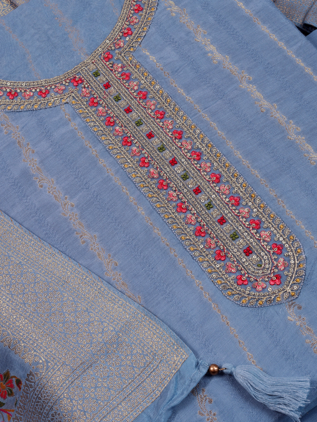 Blue Muslin Top & Floral Muslin Dupatta, Unstitched Salwar Suit