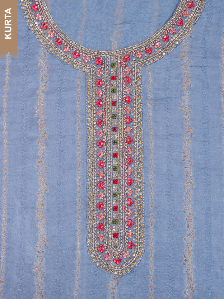 Blue Muslin Top & Floral Muslin Dupatta, Unstitched Salwar Suit