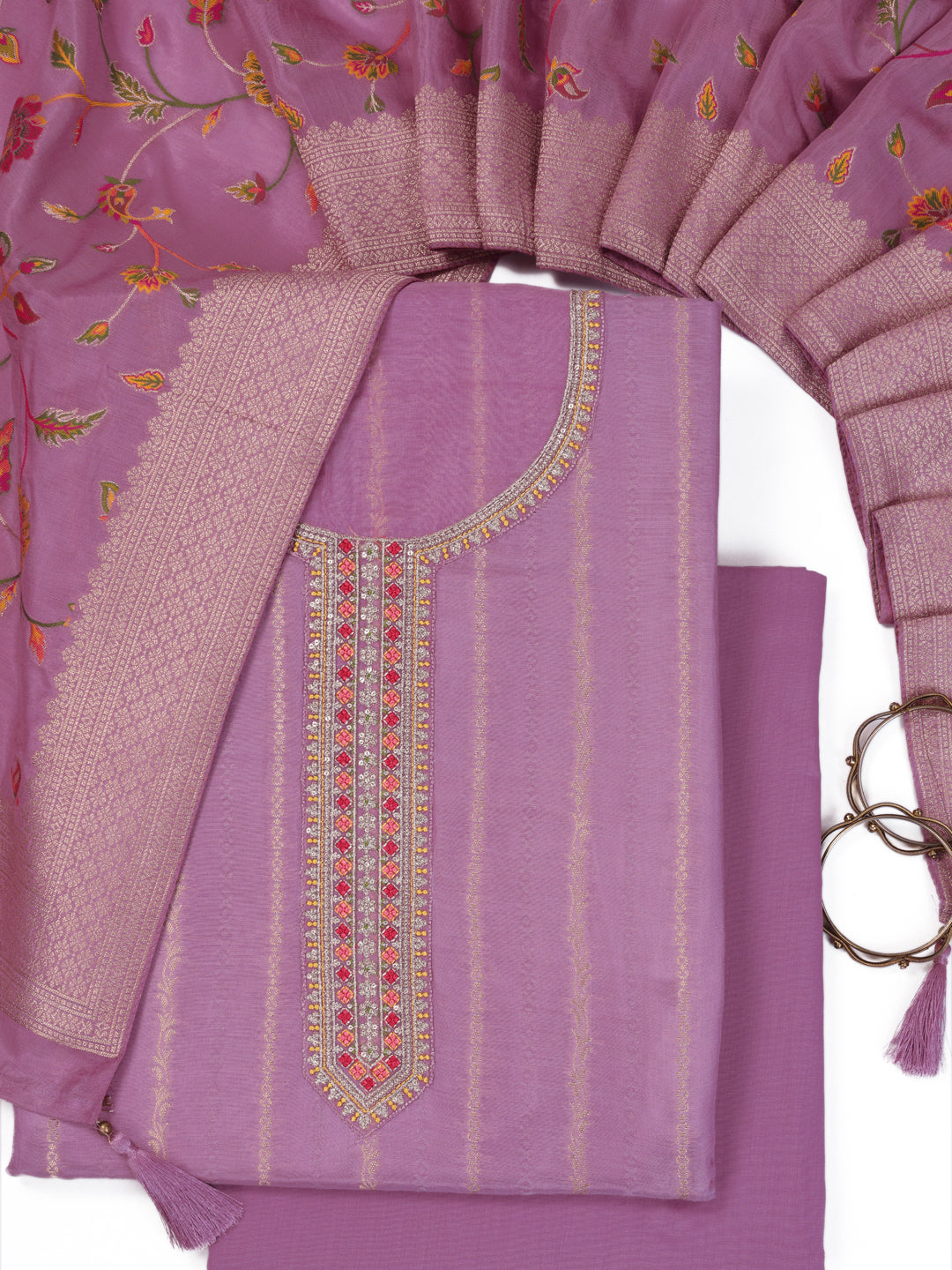 Purple Muslin Top & Floral Muslin Dupatta, Unstitched Salwar Suit