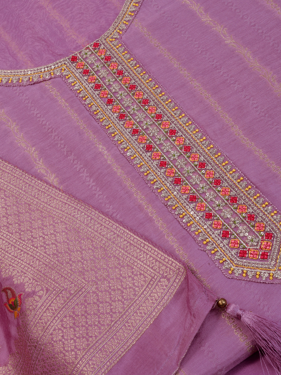 Purple Muslin Top & Floral Muslin Dupatta, Unstitched Salwar Suit