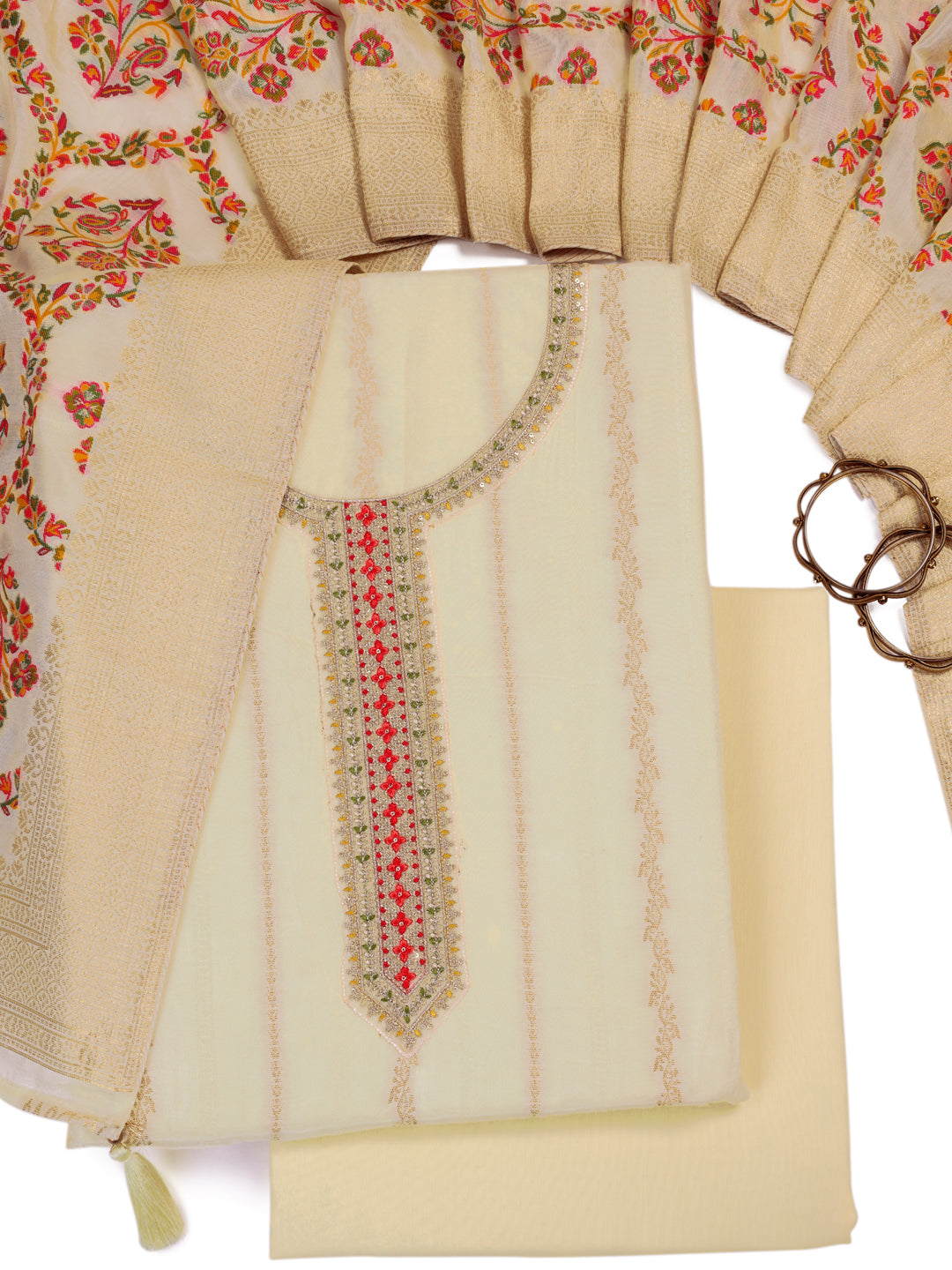 Off white Muslin Top & Floral Muslin Dupatta, Unstitched Salwar Suit