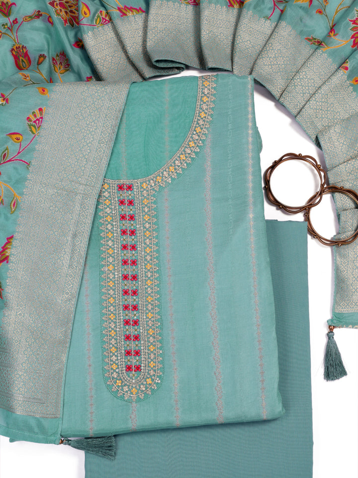 Teal Muslin Top & Floral Muslin Dupatta, Unstitched Salwar Suit