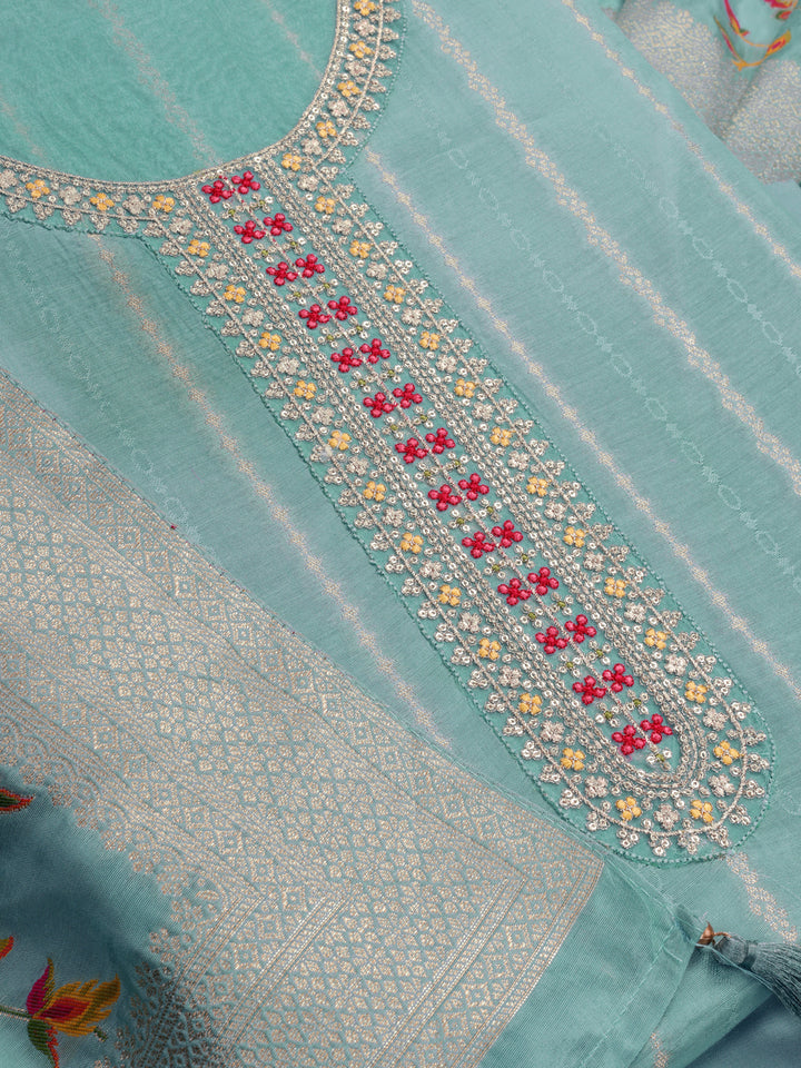 Teal Muslin Top & Floral Muslin Dupatta, Unstitched Salwar Suit