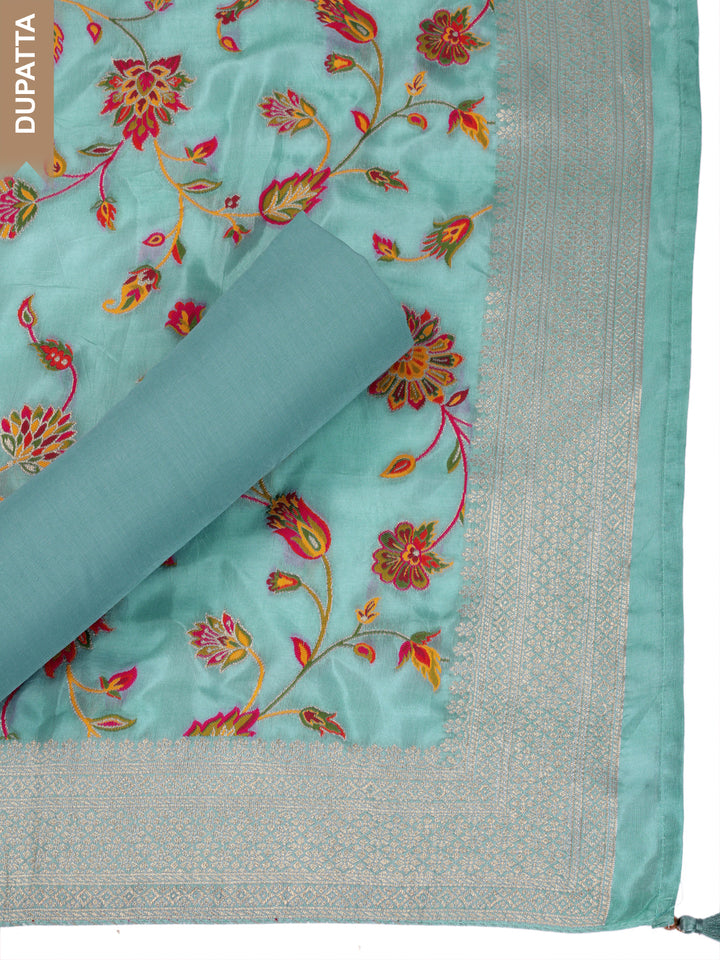 Teal Muslin Top & Floral Muslin Dupatta, Unstitched Salwar Suit