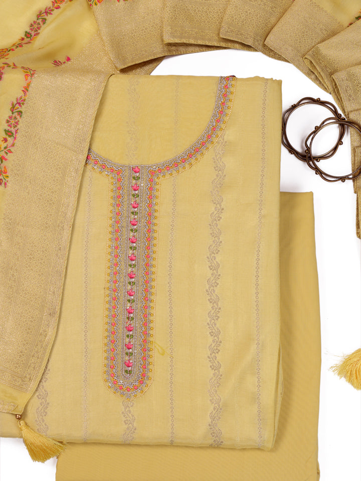 Yellow Muslin Top & Floral Muslin Dupatta, Unstitched Salwar Suit