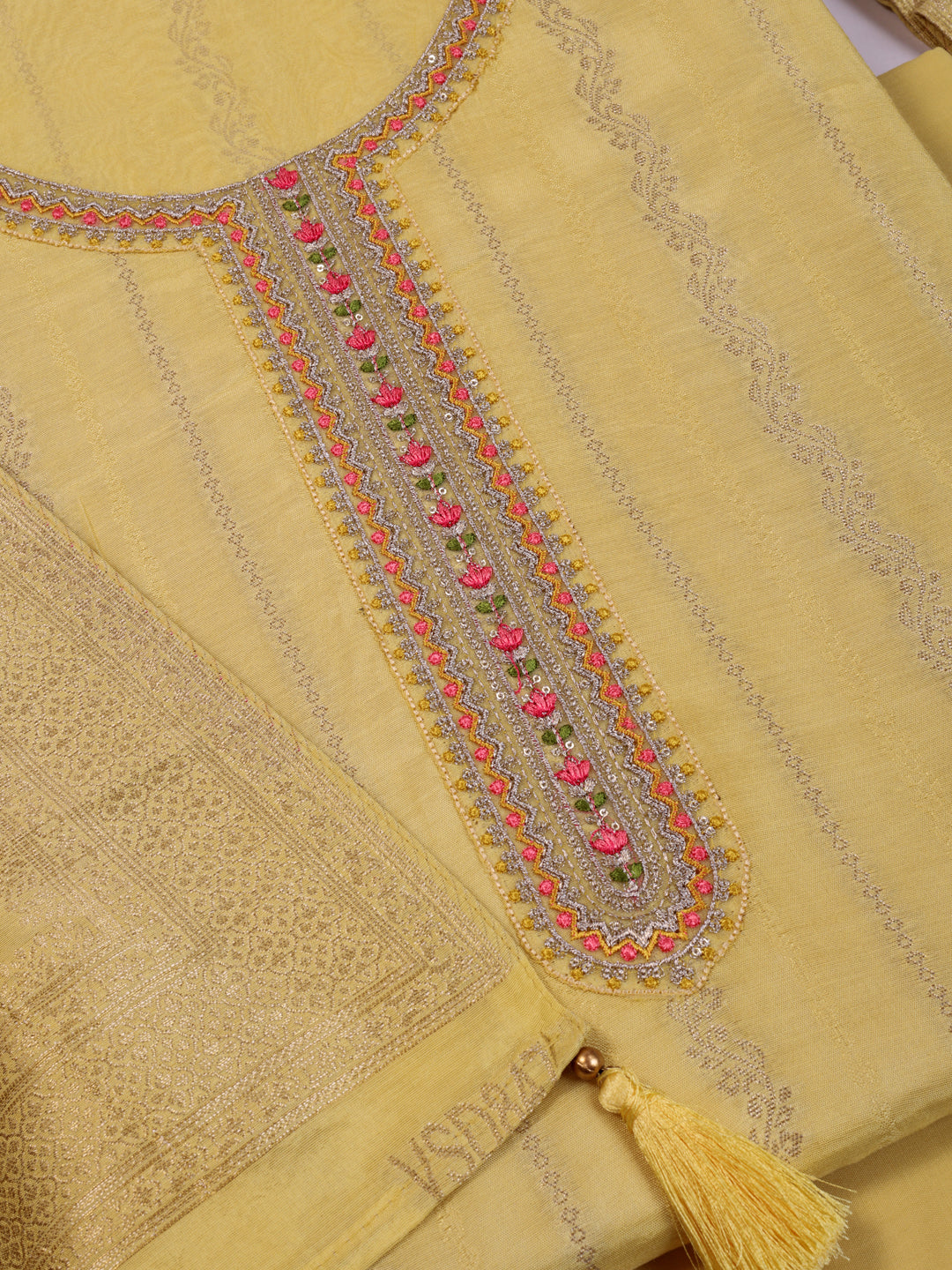 Yellow Muslin Top & Floral Muslin Dupatta, Unstitched Salwar Suit