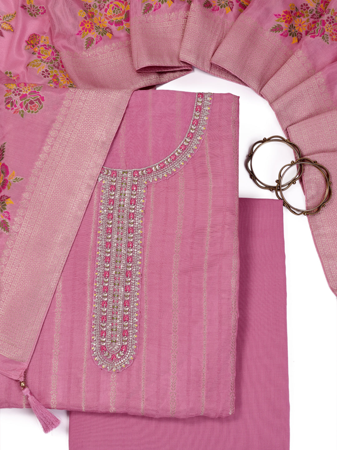 Pink Muslin Top & Floral Muslin Dupatta, Unstitched Salwar Suit