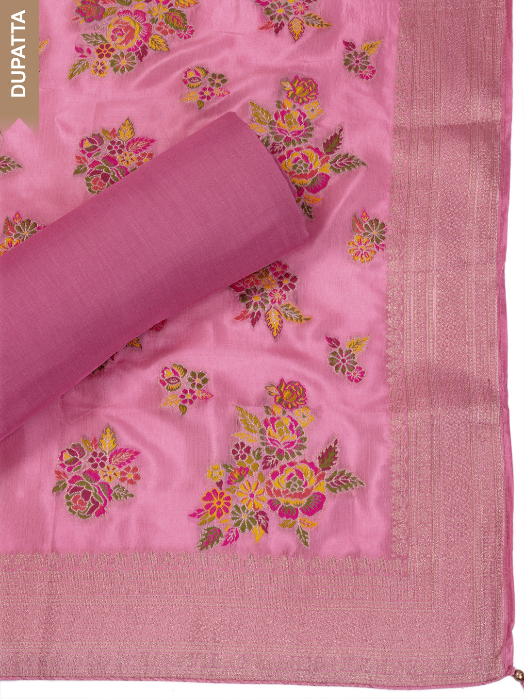 Pink Muslin Top & Floral Muslin Dupatta, Unstitched Salwar Suit